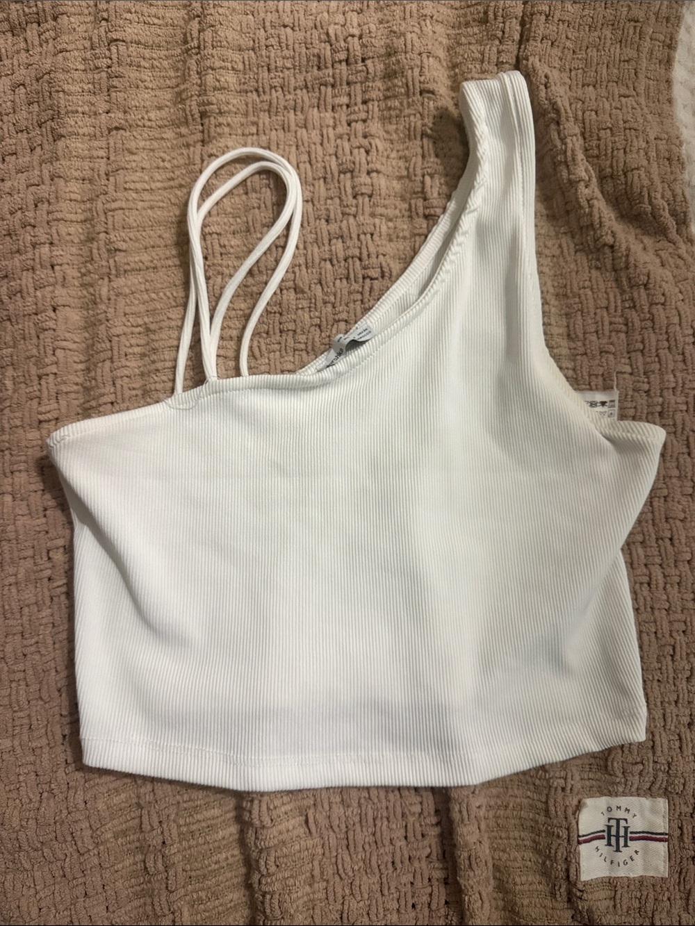 Bershka White Asymmetric Ribbed One-Shoulder Crop Tank